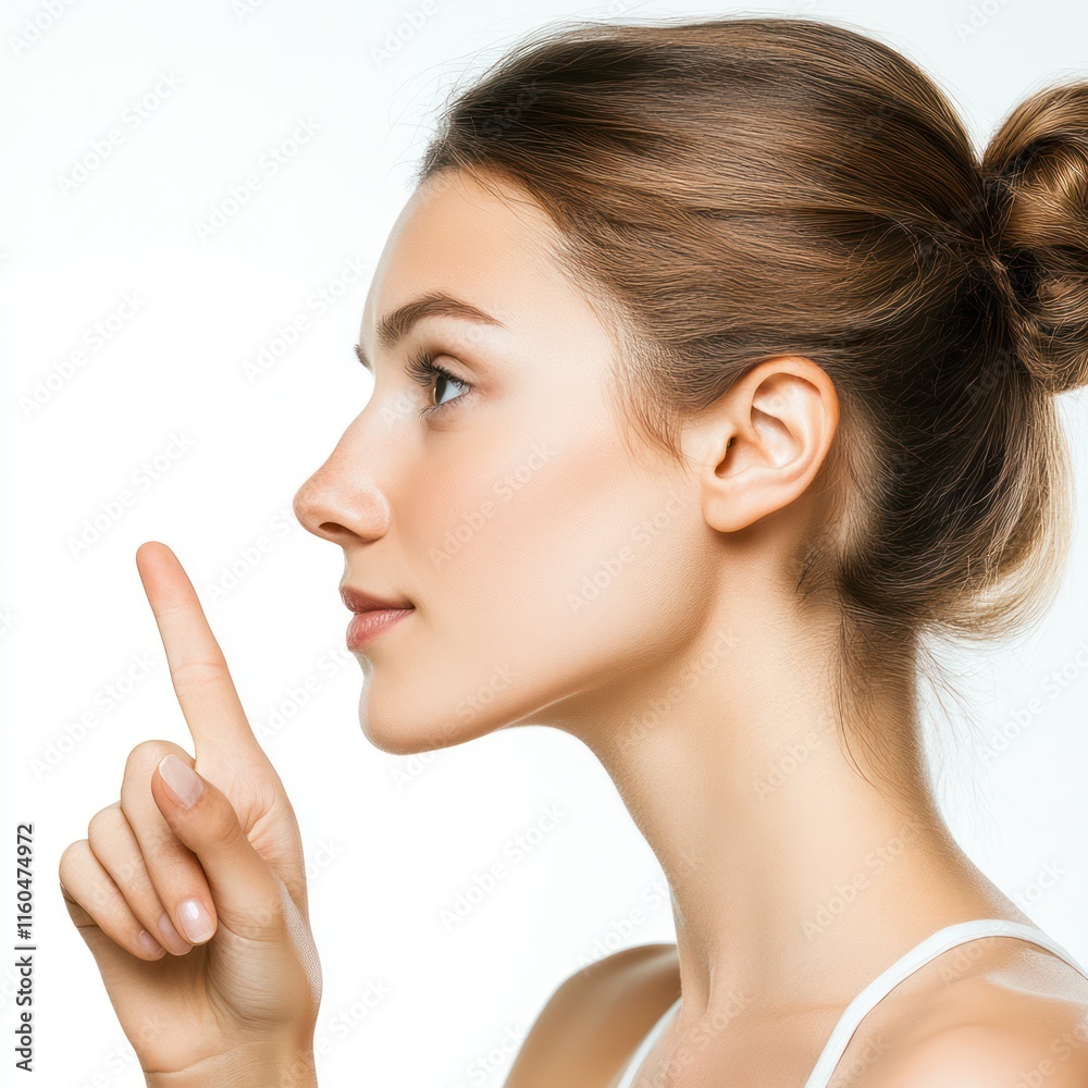A woman is pointing at her nose Isolated on White Background Generative AI A woman is pointing at her nose Isolated on White Background Generative AI
