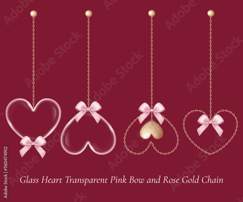 Illustration Glass Heart transparent decoration with pink Bow and Rose gold Chain photo