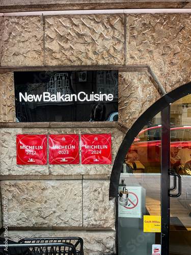Belgrade, Serbia - September 14, 2024: Entrance to Iva New Balkan Cuisine Restaurant, Michelin-Recognized, with Modern Design and Stylish Exterior