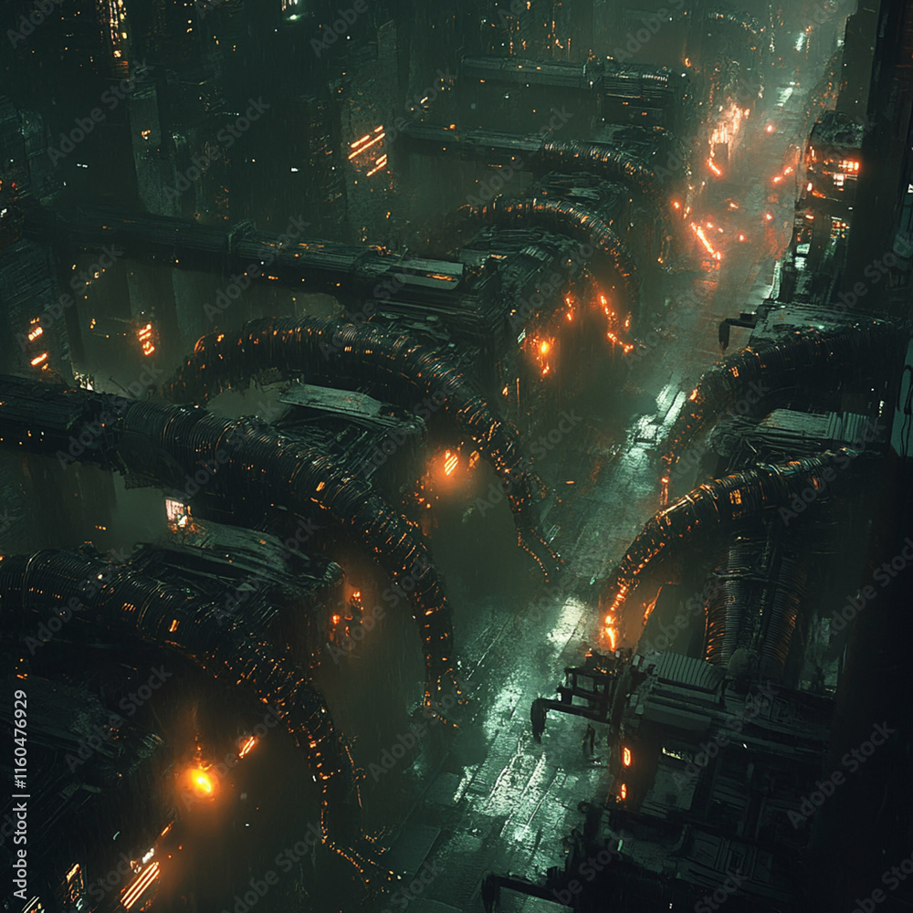Fototapeta premium A cyberpunk city with glowing neon lights and metallic centipedes crawling along the glowing streets, detailed, futuristic, and dark atmosphere.