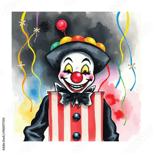 A sinister clown in a popcorn box, radiating creepy charm.