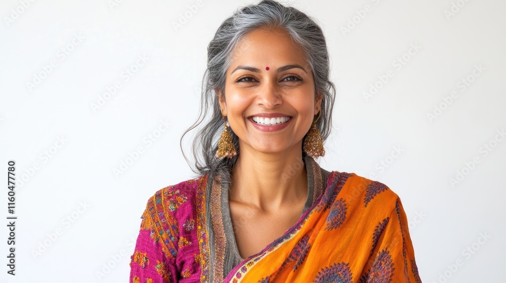 Candid photo of a joyful Indian woman, smiling to the camera in a vibrant, casual setting, on solid white background, single object Candid photo of a joyful Indian woman, smiling to the camera in a vibrant, casual setting, on solid white background, single object