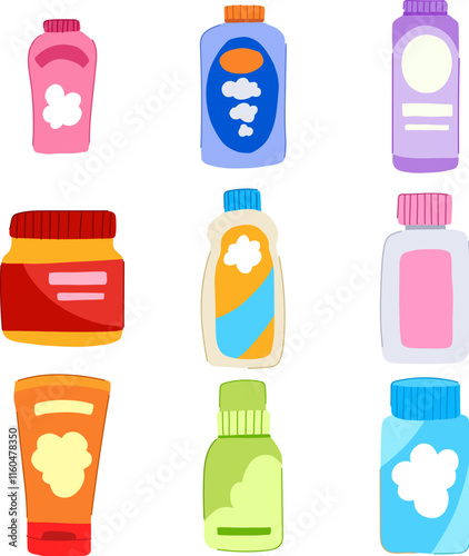 powder baby set cartoon. wipes lotion, bib pacifier, blanket onesie powder baby sign. isolated symbol vector illustration