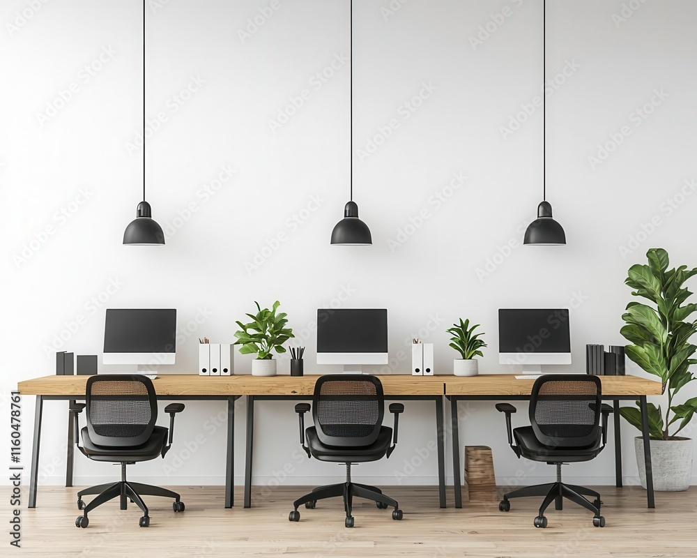 Minimalist shared office space with wooden desks, white walls, and black chairs, Coworking Space, Minimalist Shared Office Minimalist shared office space with wooden desks, white walls, and black chairs, Coworking Space, Minimalist Shared Office
