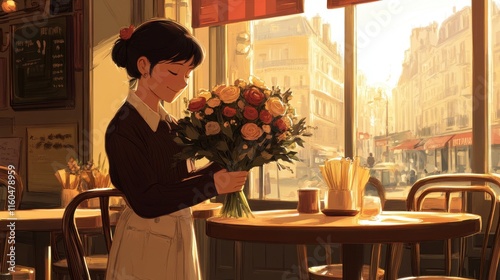 Young woman in a cozy café holds a vibrant bouquet of flowers while basking in warm sunlight, surrounded by a picturesque Parisian street view outside the window. photo