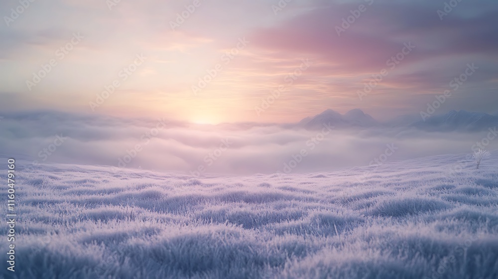 Fototapeta premium A frost-covered meadow under a blanket of dense fog, with soft light illuminating the horizon.