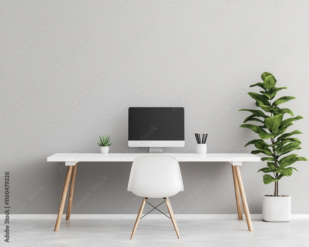 Minimalist coworking space with an open floor plan, white desks, and neutral tones, Coworking Space, Open and Neutral Minimalist coworking space with an open floor plan, white desks, and neutral tones, Coworking Space, Open and Neutral