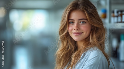 Casual happy female in a biotech environment, blending a modern outfit with scientific and innovative settings, on solid white background, single object