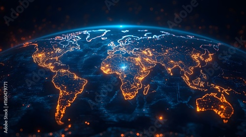 Global supply chain routes in an abstract map style, hubs glowing brightly, intricate tech-inspired background