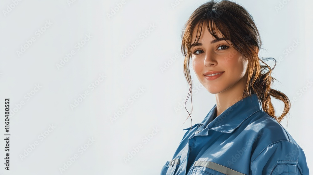 Elegant female engineer in blue-collar workwear, smiling naturally in a professional environment, on solid white background, single object Elegant female engineer in blue-collar workwear, smiling naturally in a professional environment, on solid white background, single object