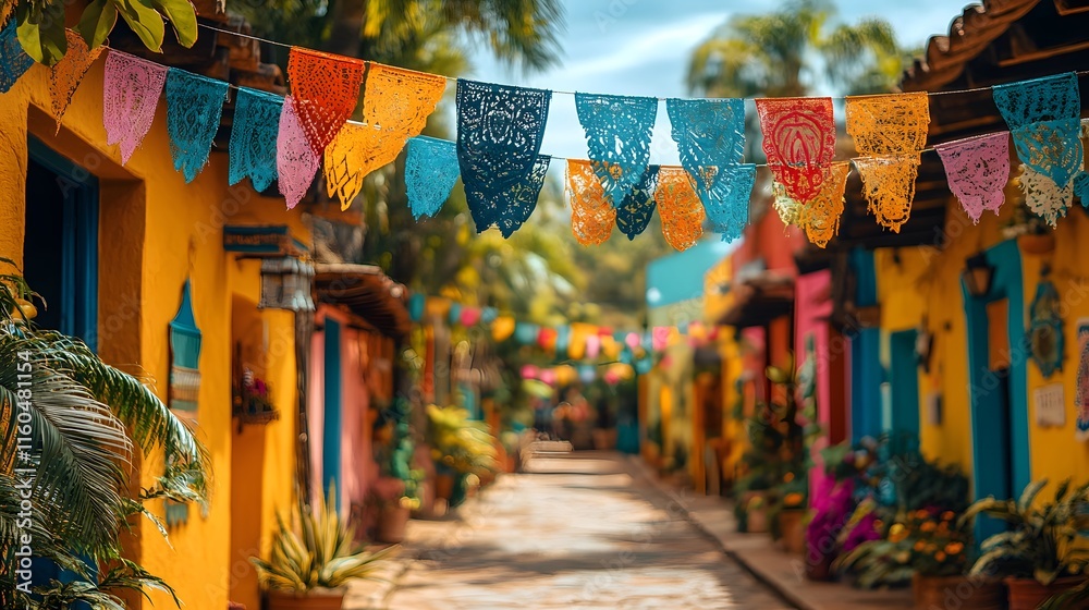 Fototapeta premium Vibrant festival featuring Latin American flags, traditional ornaments, and a festive ambiance