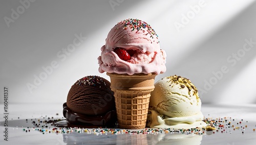 Triple-scoop ice cream cone with chocolate, strawberry, and pistachio flavors