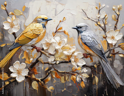 bird on a branch, brach with white flowers painting, oil paint wall art