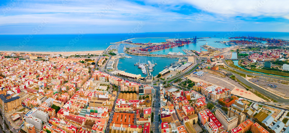 Valencia city port aerial panoramic view, Spain