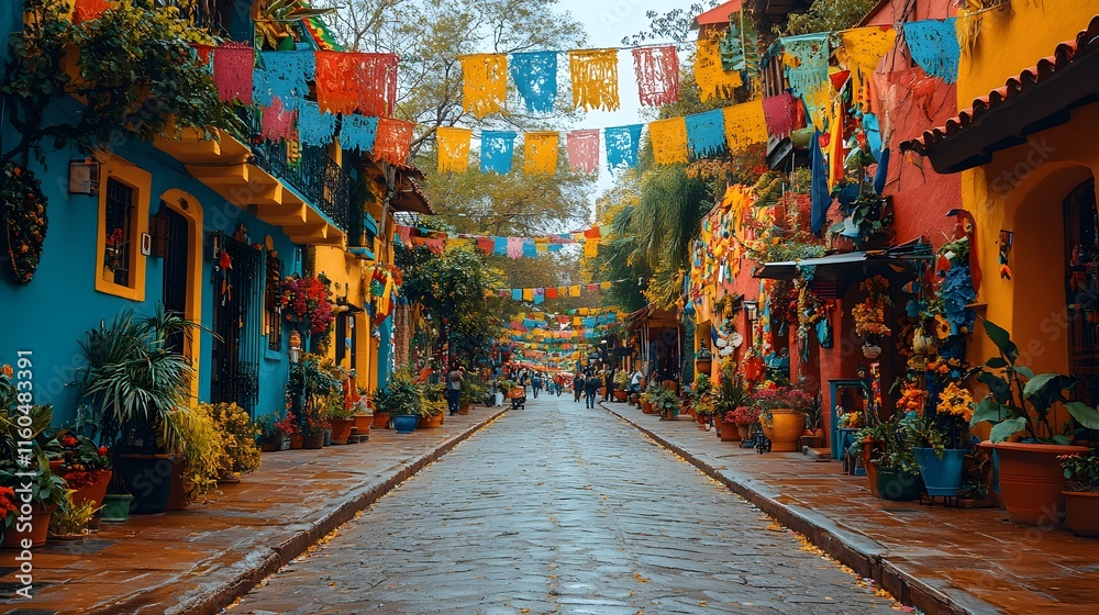 Fototapeta premium Celebration with a lively street filled with Latin American flags, streamers, and cheerful crowds