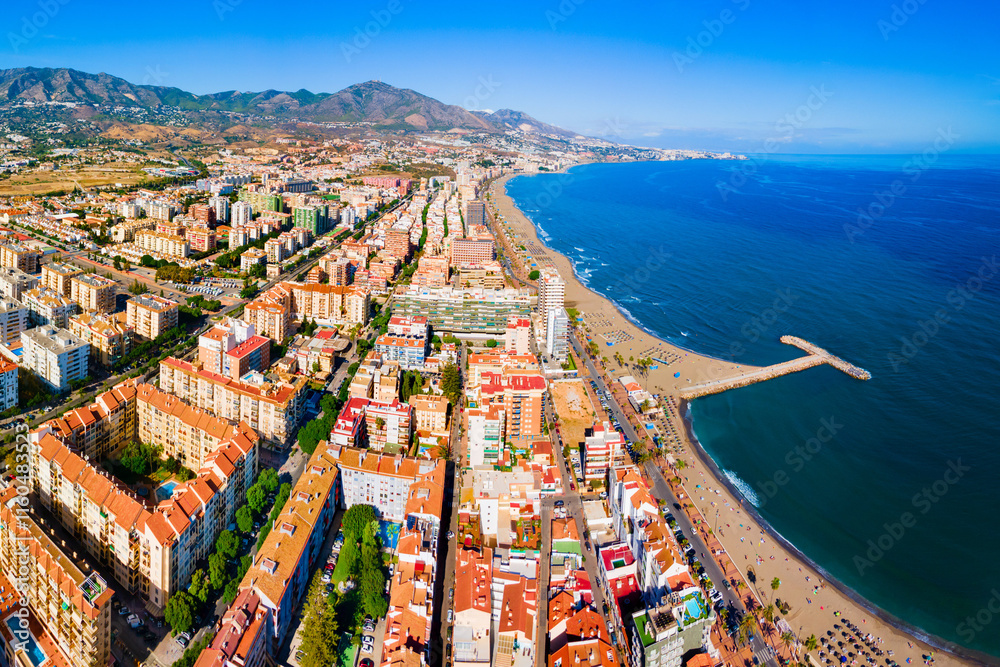 Fuengirola city beach and port aerial panoramic view