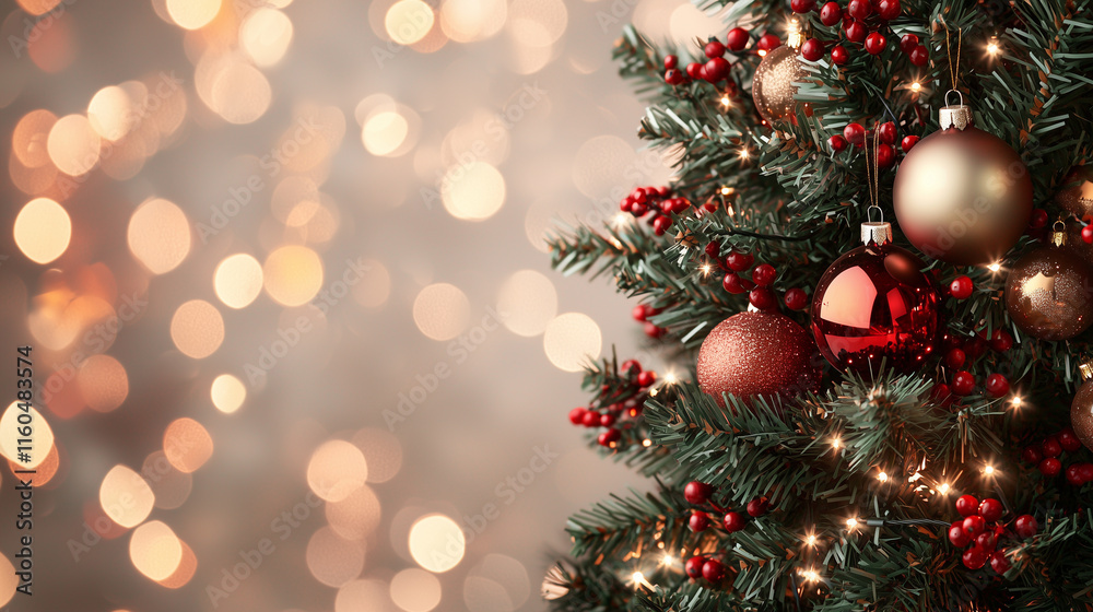 A traditional close-up of a Christmas tree with rich red, green, and gold ornaments, accented by holly berries and twinkling lights. The abstract background is a warm bokeh of fest A traditional close-up of a Christmas tree with rich red, green, and gold ornaments, accented by holly berries and twinkling lights. The abstract background is a warm bokeh of fest