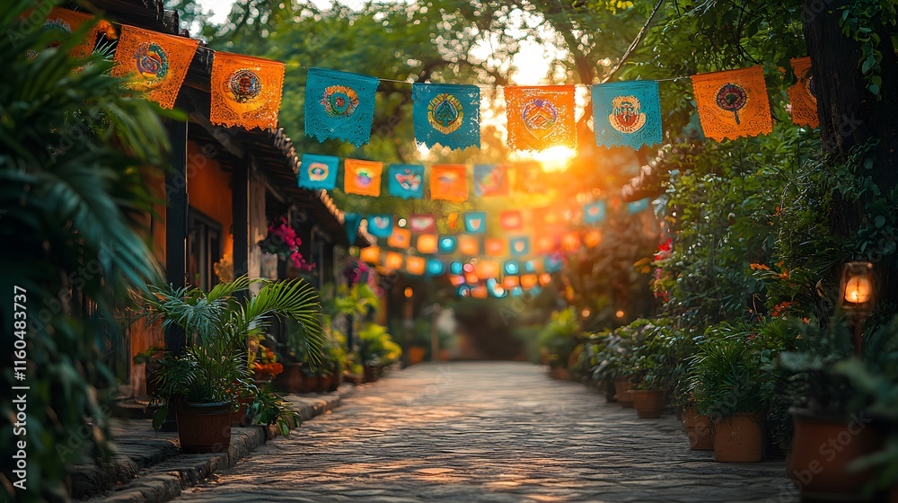Fototapeta premium Party setup with Latin American flags, festive lanterns, and colorful bunting against a bright background