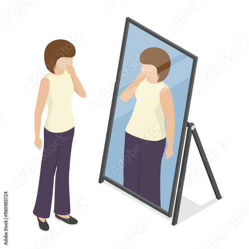 A sad young woman looking at her distorted reflection in the mirror. Body shaming, dissatisfaction with appearance. Anorexia concept. Vector illustration in isometric style. 