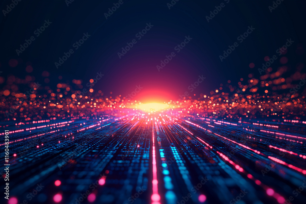 Fototapeta premium Futuristic retro landscape. Digital cyber surface with neon light grid