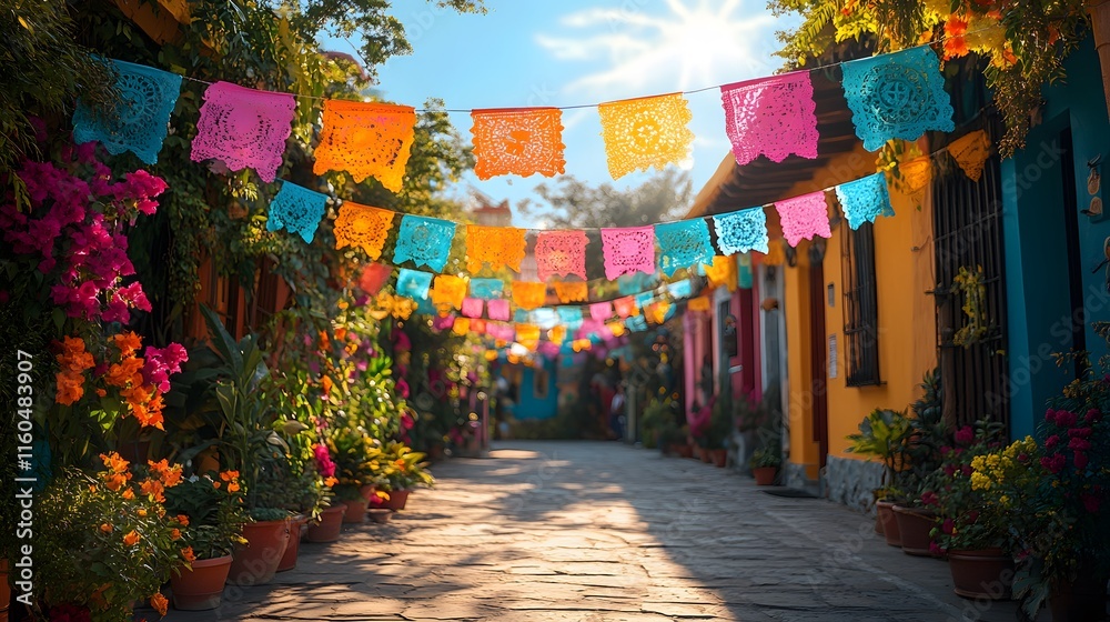 Fototapeta premium Cultural festival featuring Latin American flags, colorful garlands, and a cheerful celebration scene