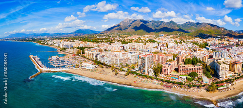 Marbella city beach and port aerial panoramic view photo