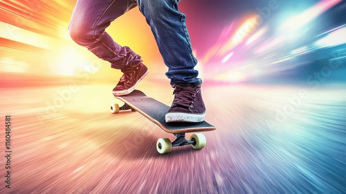 Skater in motion under the colorful lights of an urban park at night, showcasing creativity and vitality, anticipation, hope, energy
