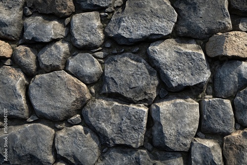 Dark gray, unevenly shaped stones form a rustic wall. Ideal for game textures, backgrounds, or website design needing a rugged look.