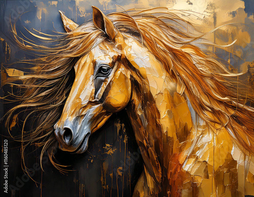  Golden horse oil painting, horse wall art paint photo