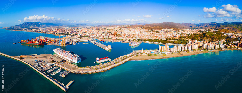 Malaga city port aerial panoramic view in Andalusia
