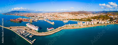 Malaga city port aerial panoramic view in Andalusia