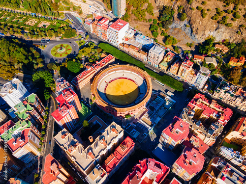 Bild auf Leinwand Bullring, bull ring building aerial panoramic view, Malaga