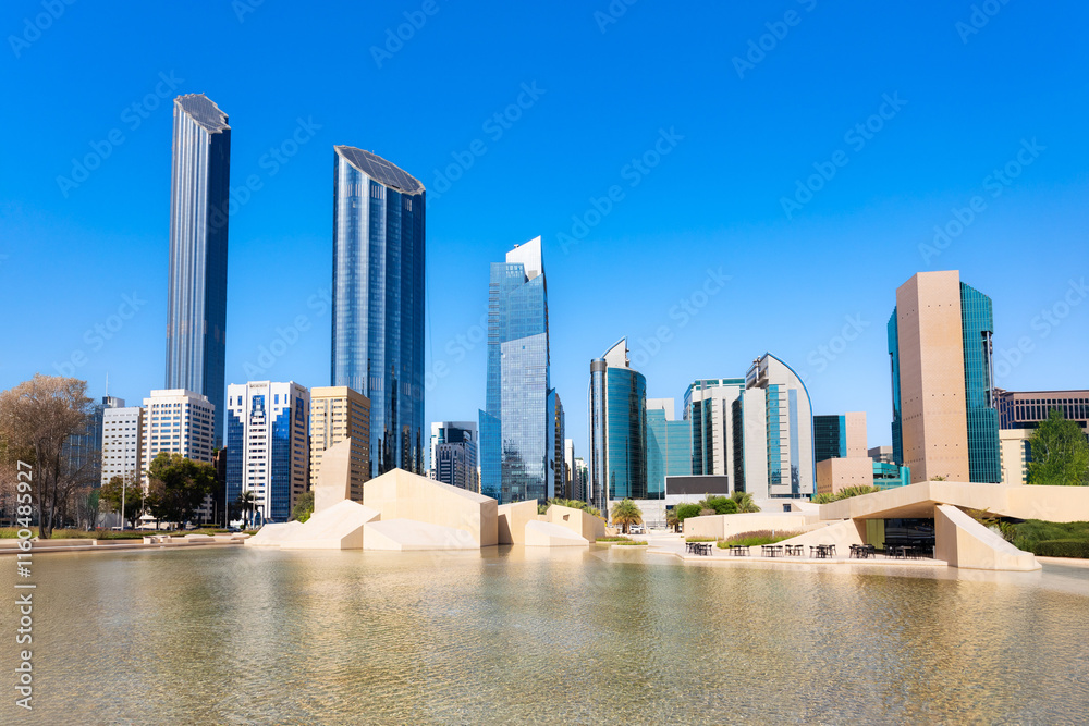 Al Musallah Mosque Prayer Hall and Abu Dhabi skyline