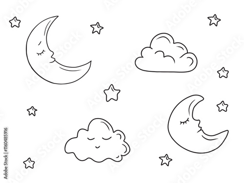 Sleeping moon with closed eyes, clouds in black isolated on white background. Hand drawn vector sketch illustration in doodle engraved line art vintage style. Concept of sleep, sweet dreams, children
