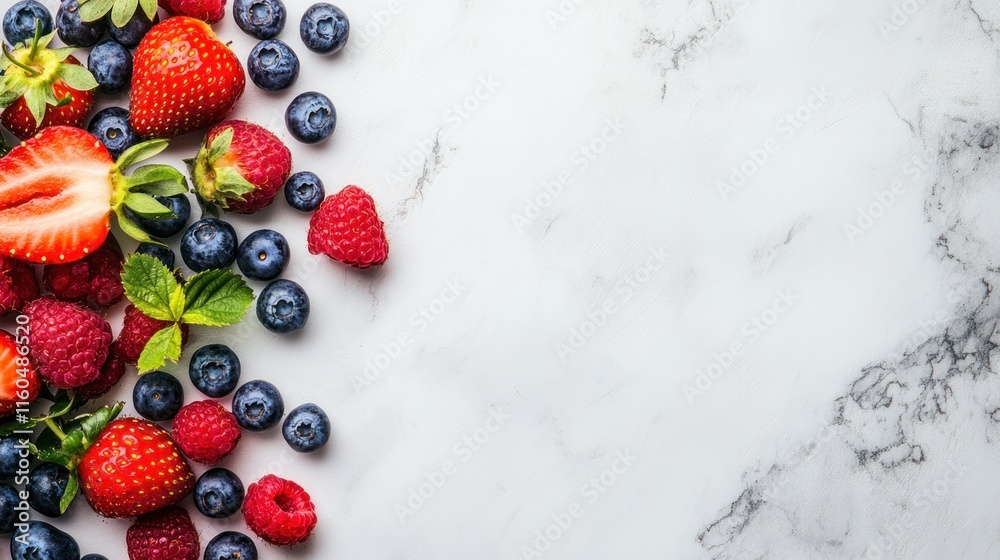 A colorful mix of berries with juicy strawberries, blueberries, and raspberries, styled on a minimalist white background