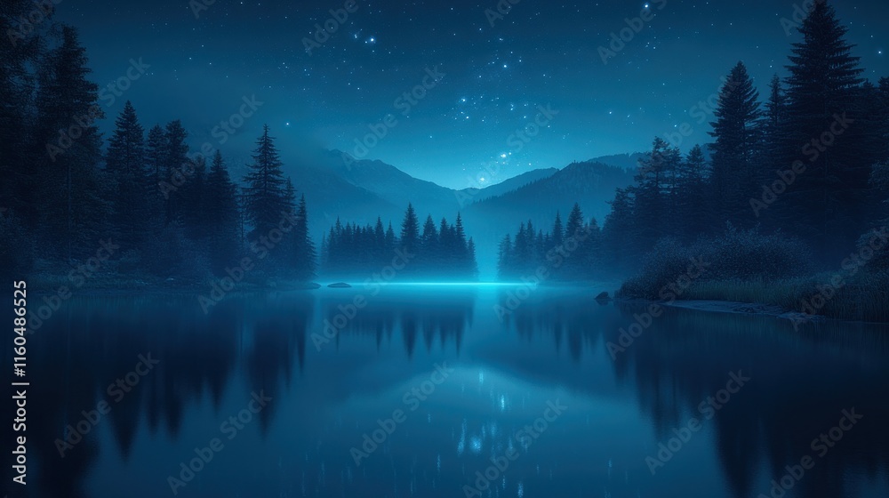 Serene night lake reflecting stars and mountains. Serene night lake reflecting stars and mountains.