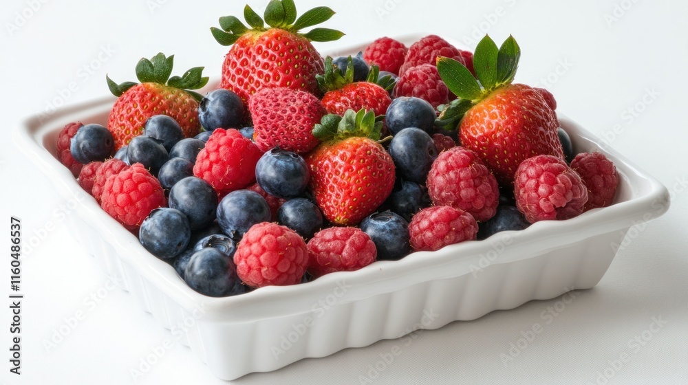 A colorful mix of berries with juicy strawberries, blueberries, and raspberries, styled on a minimalist white background A colorful mix of berries with juicy strawberries, blueberries, and raspberries, styled on a minimalist white background
