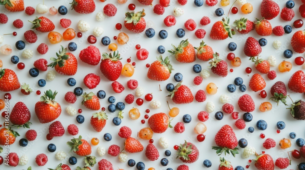 A colorful mix of fresh berries with strawberries, blueberries, and raspberries, scattered naturally on a white background A colorful mix of fresh berries with strawberries, blueberries, and raspberries, scattered naturally on a white background