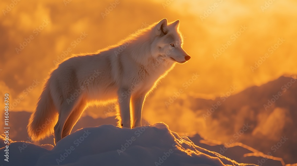 A majestic Arctic wolf standing on a snowy ridge, its fur glowing in the golden light of the setting sun. A majestic Arctic wolf standing on a snowy ridge, its fur glowing in the golden light of the setting sun.