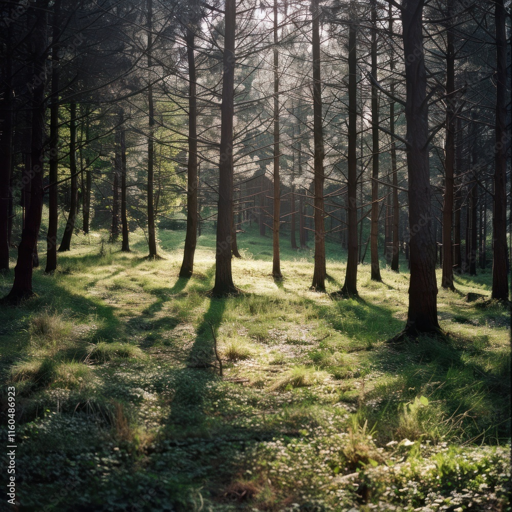 Sunlit forest path with tall trees casting shadows on green grass. Sunlit forest path with tall trees casting shadows on green grass.