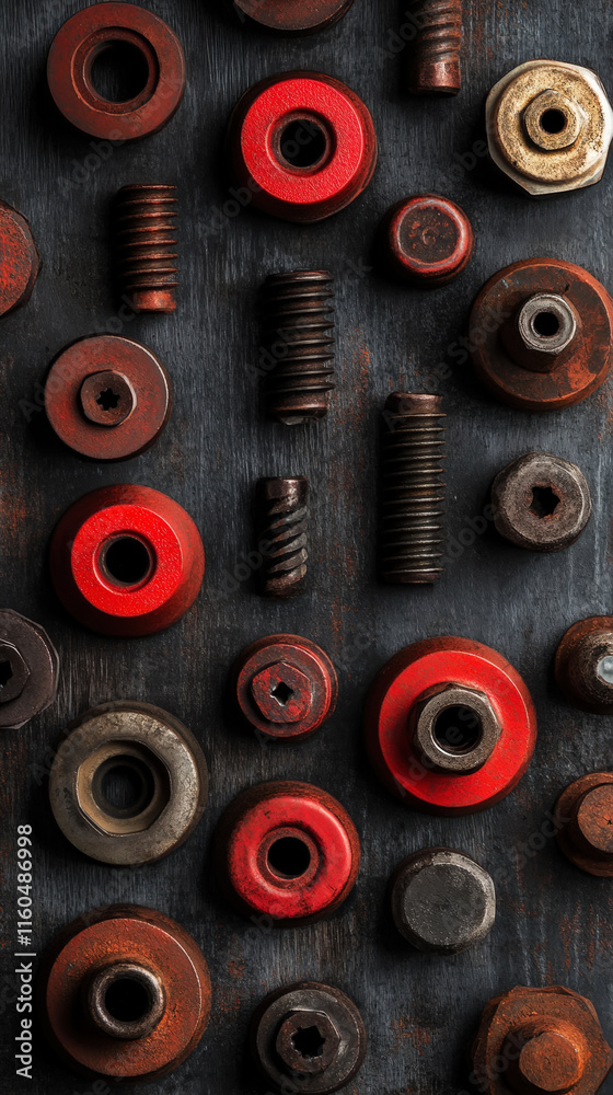 Fototapeta premium Industrial template, mix of cylinders, bolts and nuts, wrench. Copy space. Generative AI