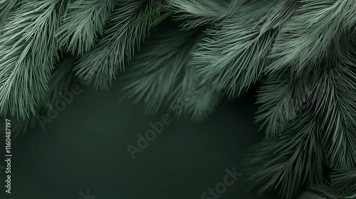 A dark green Christmas banner with an intricate close-up of fluffy fir branches, illuminated by soft, diffused light that enhances the natural texture and depth of the needles.