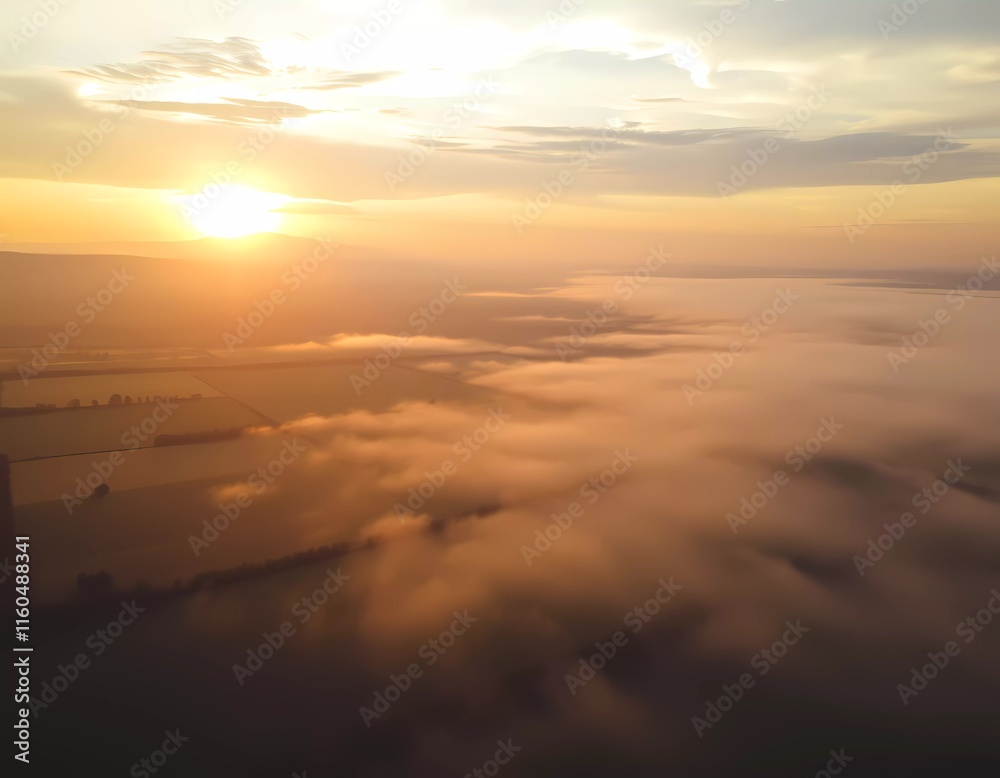 ground fog at sunrise, drone view ground fog at sunrise, drone view