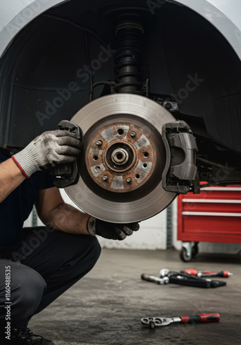 Técnico instalando pastillas de freno en disco de automóvil elevado dentro de taller mecánico.