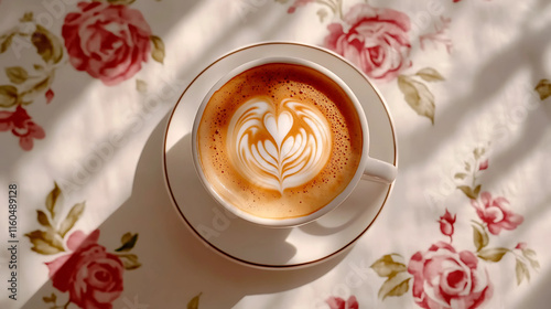 Steaming cappuccino cup with creamy milk foam swirled in elegant rosette latte art, showcasing rich coffee texture.