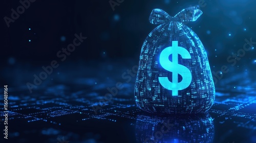 Abstract Image of Digital Money Bag with Glowing Dollar Icon. Perfect for concepts related to digital finance, cryptocurrency, and technology. photo