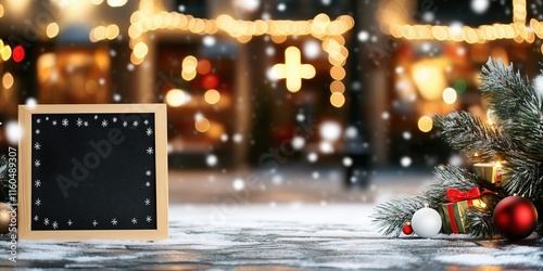 Cozy Christmas setup featuring a blackboard surrounded by festive ornaments, snow, and warm glowing lights. photo