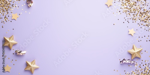 flat lay of frame gold foil shiny star shaped confetti and glitter scattered on a pastel purple background space in middle