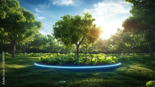 Futuristic Smart Orchard with Seasonal Adaptation. Generative AI photo