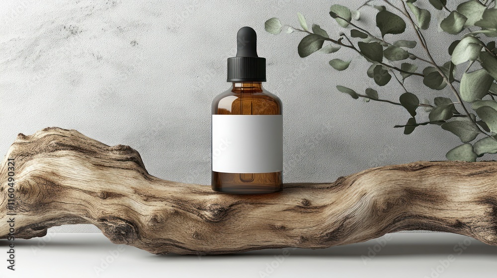 Fototapeta premium Amber glass dropper bottle with blank label on rustic wood, minimalist spa setting.